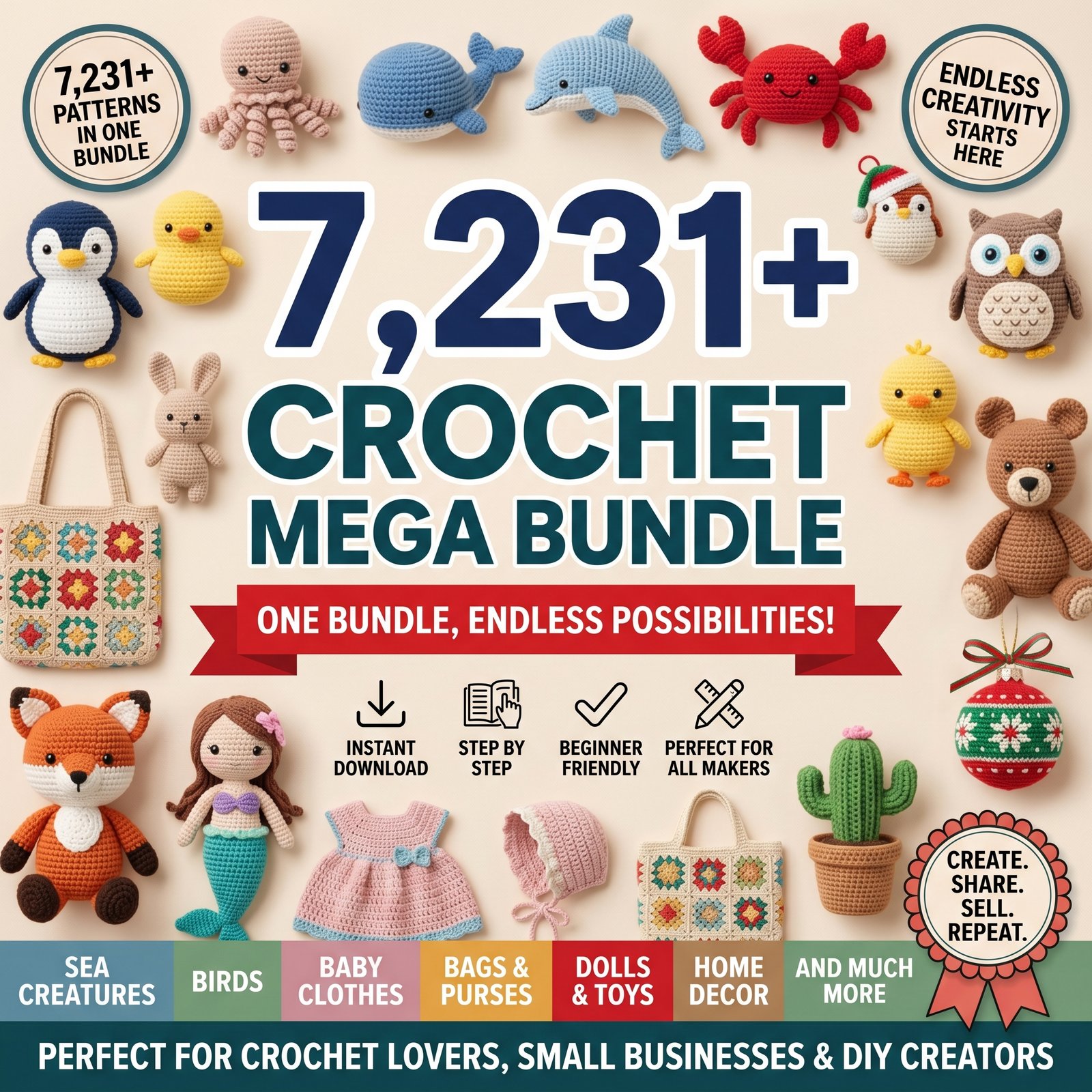 7,231+ Crochet Mega Bundle — sea creatures, birds, baby clothes, bags, dolls, home decor and more