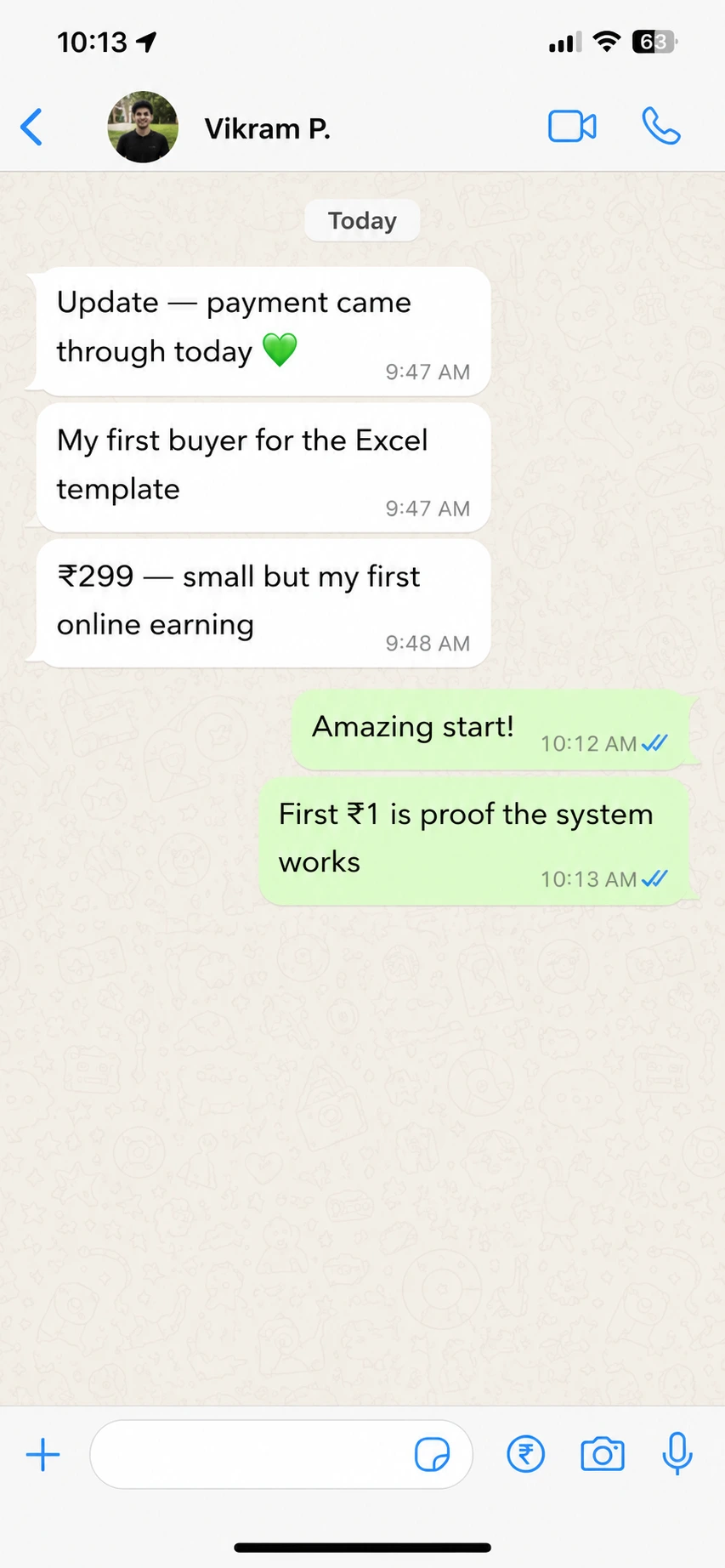 Student WhatsApp feedback about launching a first digital product