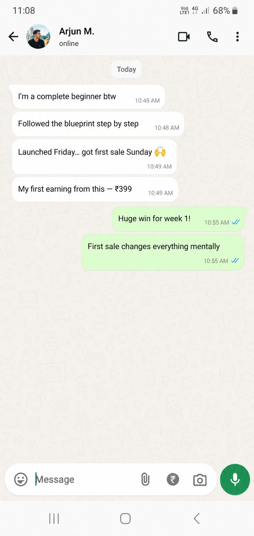 Student WhatsApp feedback about store automation setup